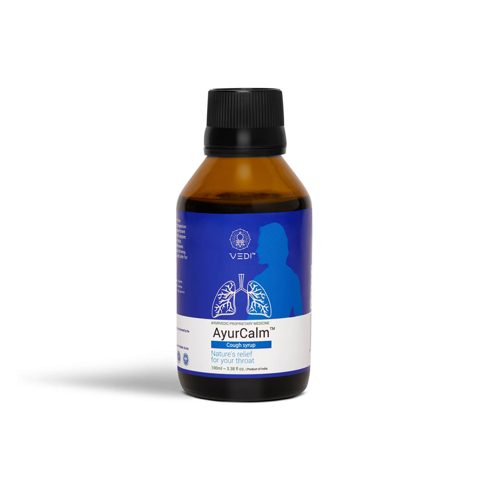 Ayurcalm Ayurvedic Cough Syrup, natural relief for throat, with nine traditional herbs, anti-tussive, expectorant, and mucolytic properties.