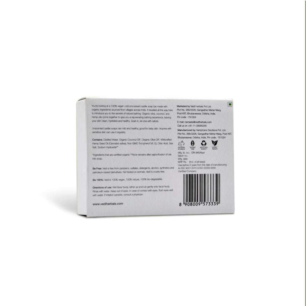  Organic Unscented Castile Soap Bar with Hempseed Oil - Moisturizes without clogging pores, suitable for eczema, psoriasis, and acne-prone skin.